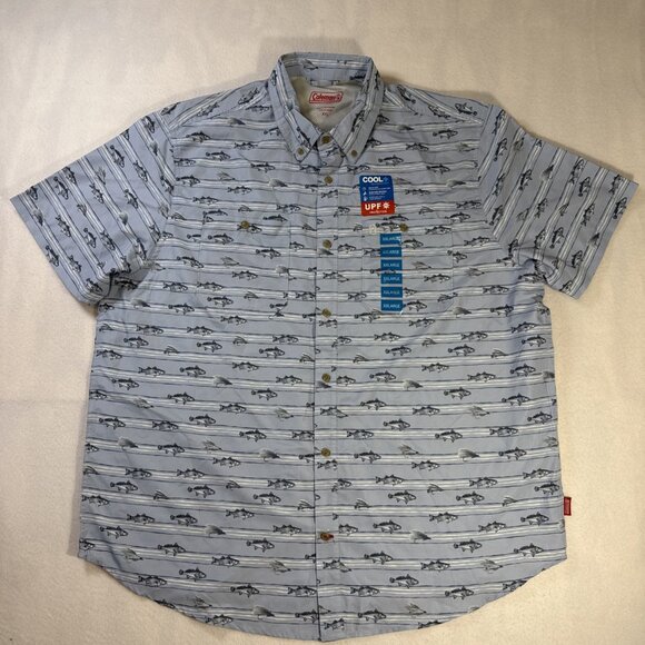 NWT Coleman Men's XXL Short Sleeve Blue Button-down Fish All Over Shirt - Picture 1 of 12